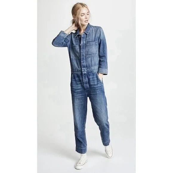 NWOT AMO Skip Denim Jumpsuit Sz S Color Indigo MSRP $398 Cottagecore Momcore - Picture 1 of 16